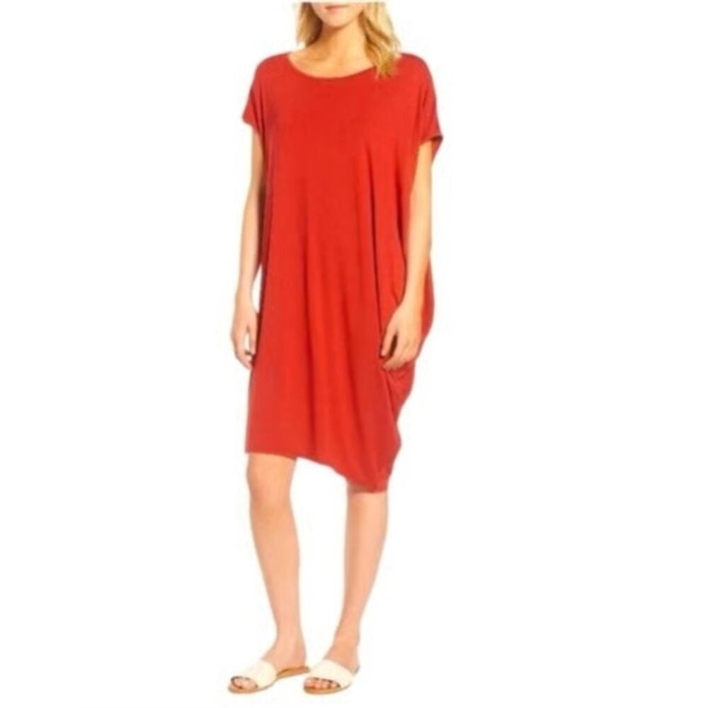Eileen Fisher Burnt Orange Asymmetrical Jersey Tunic Dress Size L - Picture 2 of 6